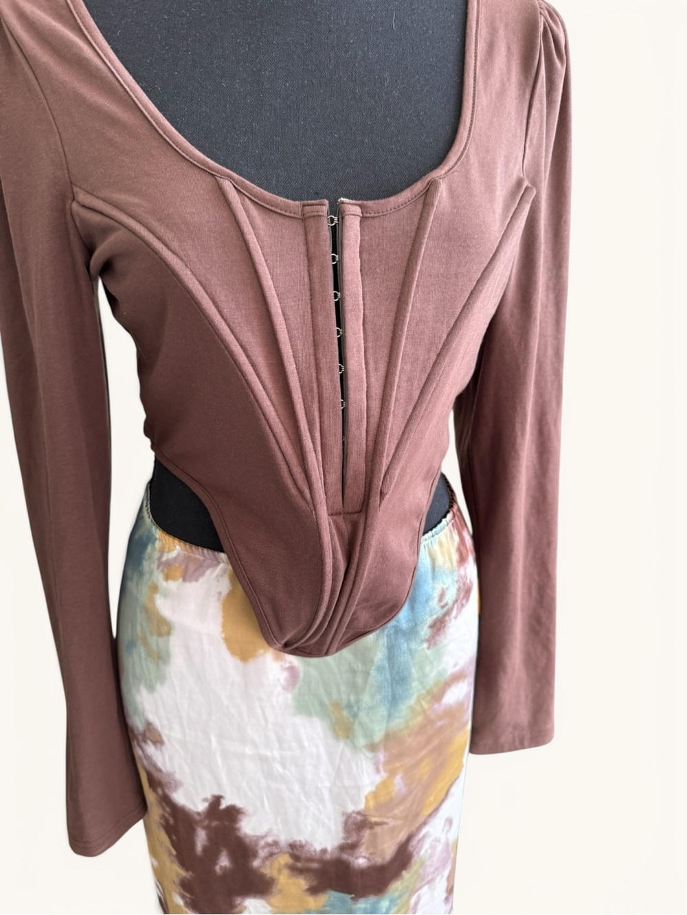 PrettyLittleThing Mauve-Brown Long Sleeve Corset Hook-Front Bodysuit